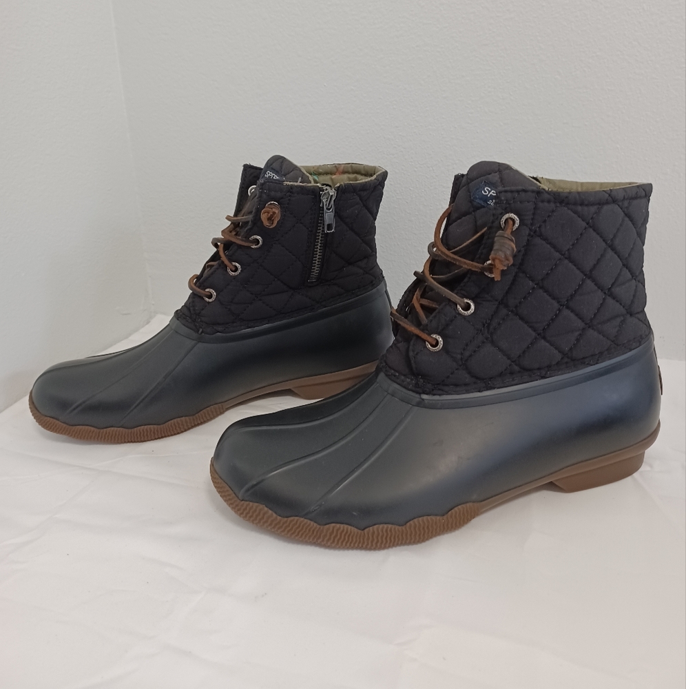 SPERRY  top side black rubber quilted duck boots zip and lace-up  size 9 - Picture 2 of 11